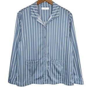 LAKE Pajamas Blue Striped Cotton Poplin Button Up Long Sleeve Pajama Top Size M